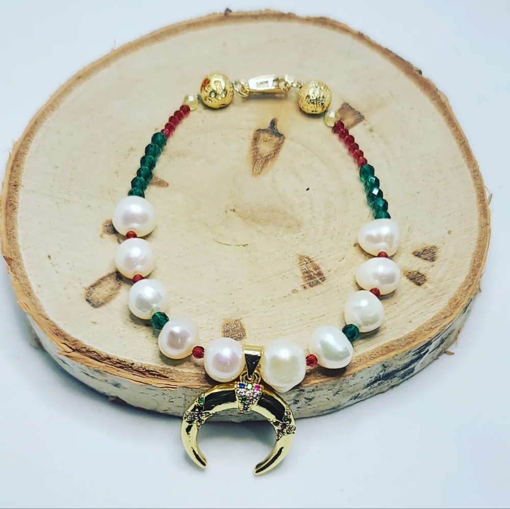 Freshwater Pearl, Czech glass,  Moon🌙 charm bracelet